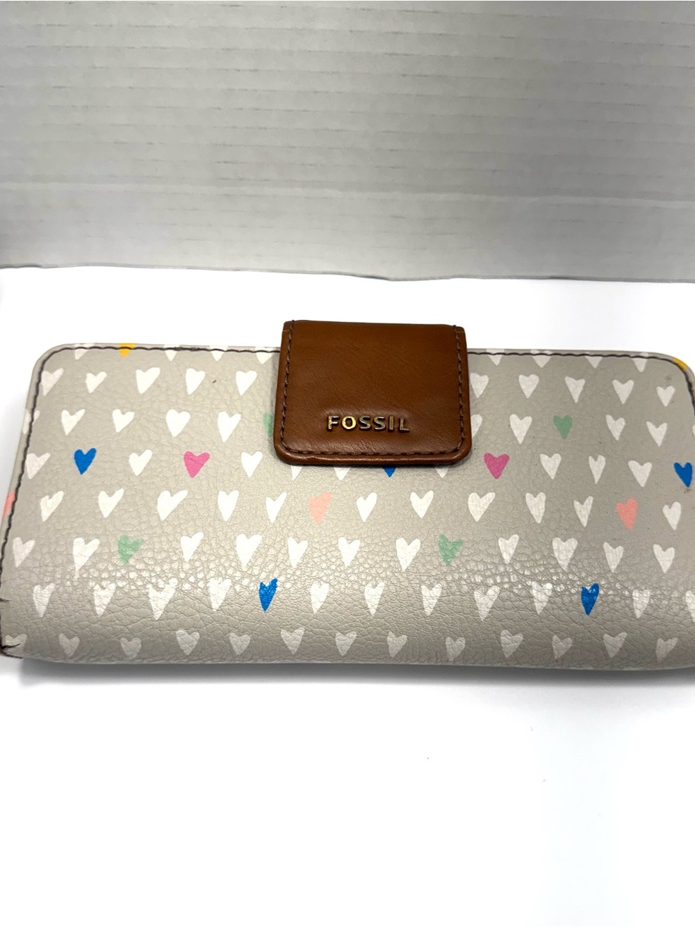 Fossil Madison Multicolor Heart-Pattern Zip Clutch, Leather Snap Tab & Strap